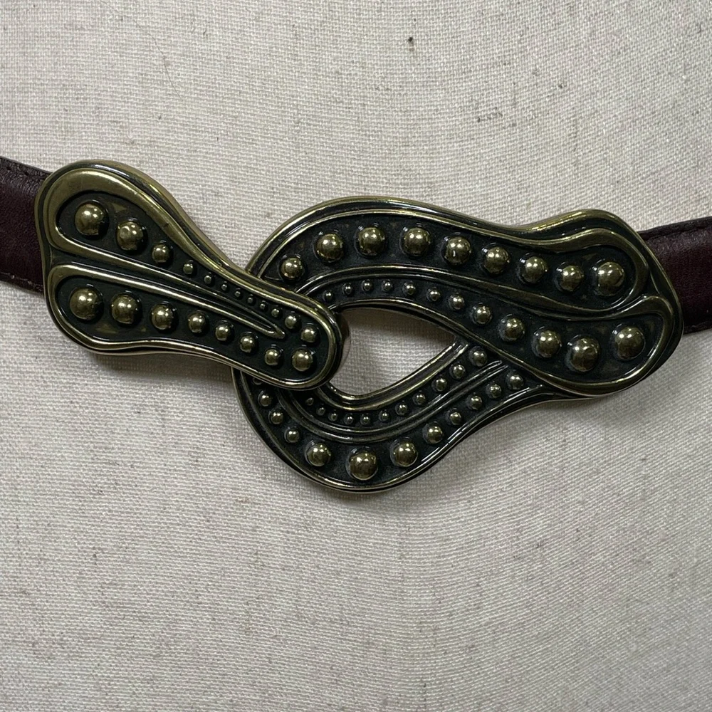 Vintage Womens Landes adjustable Leather Brown Brushed Gold Clasp Buckle Belt OS